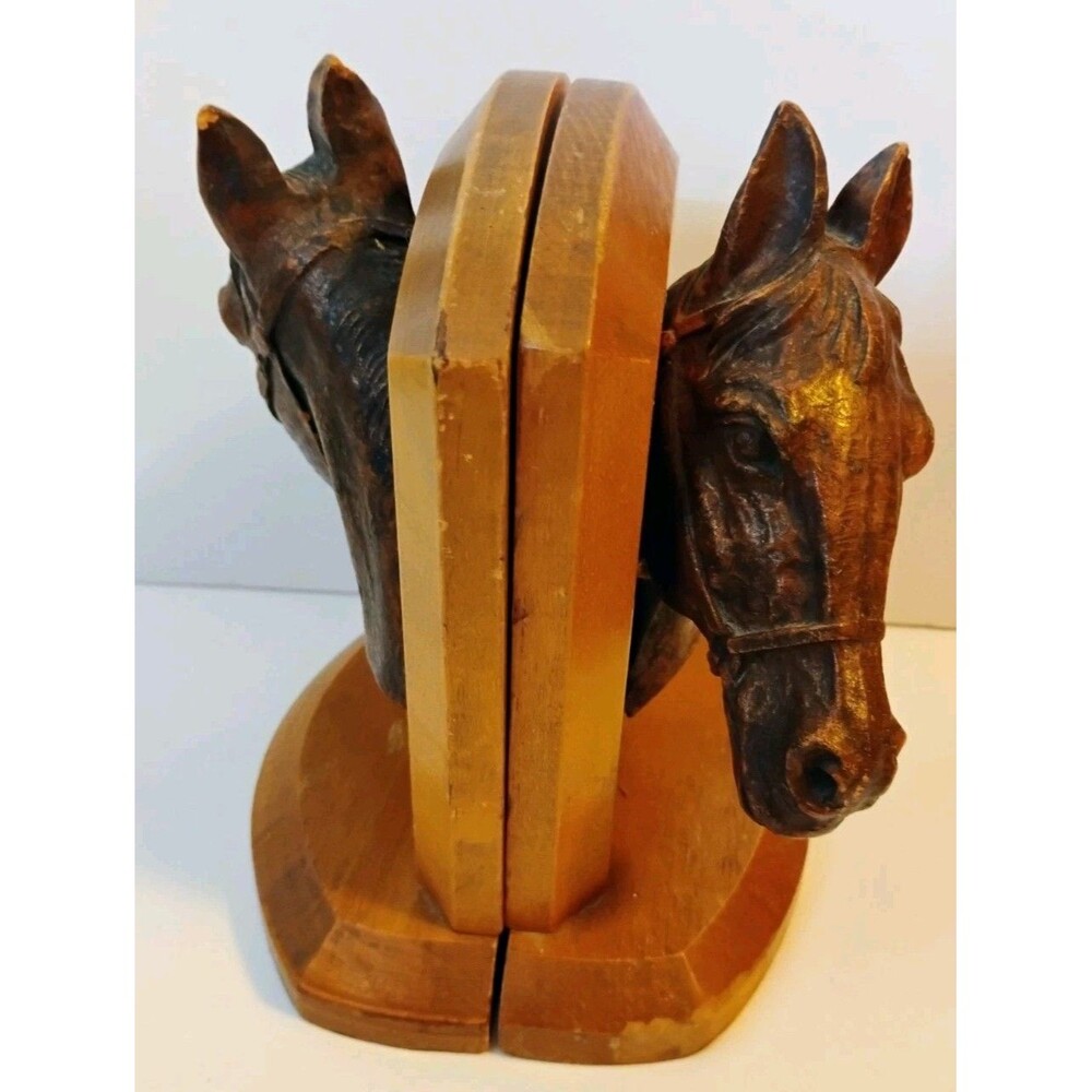 Vintage Syroco Wood Horse Head Bookends Mid Century Equestrian Stallion